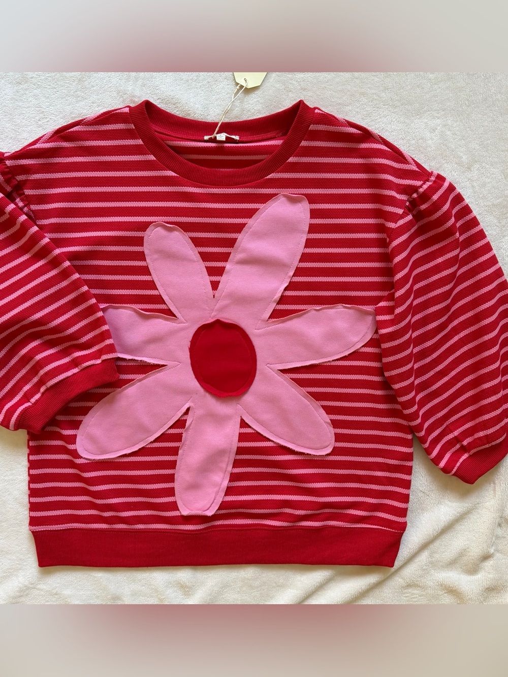 JODIFL Red and Pink Striped Flower Appliqué Knit Top NWT
